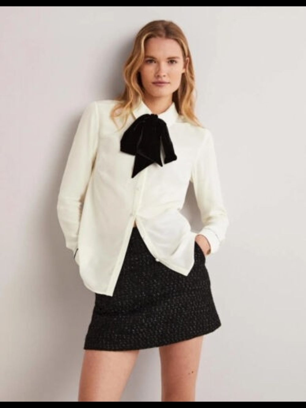 Boden Ivory Blouse with Black Bow Tie